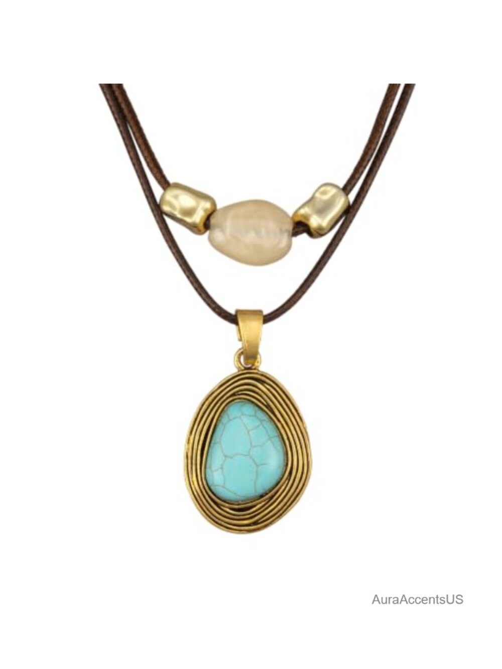 Chunky Boho Pendant Necklace Faux Leather Cord Statement Layered